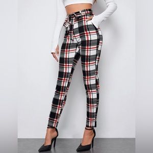 Self Belted Plaid Skinny Pants